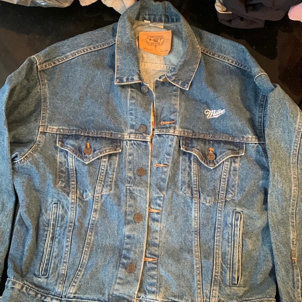 VintageMiller High Life Denim coat embroidered Miller on front chest and on back